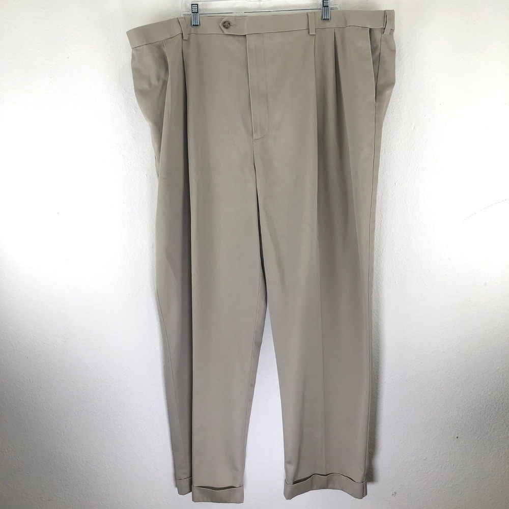 Roundtree & Yorke Mens Big Pleated Khaki Pants 48x30 Tan Ultimate Expander Waist